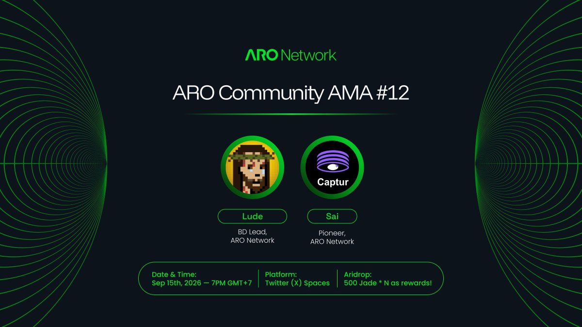 AroNetwork's tweet photo. 🚀 ARO Community AMA #12 is coming!

Have questions about mining, rewards, the mobile & desktop apps, upcoming features, or what's next for ARO? We'd love to hear them!

Drop your questions in the comments over the next 24 hours for a chance to win 1,000 Jade. 🎁

Plus, don't miss the live AMA! We'll be sharing limited-time redeem codes worth 500 Jade exclusively during the session.

📅 September 15, 2026 | 7:00 PM (GMT+7)
⏰ Set your reminder, leave your questions below, and we'll see you live!