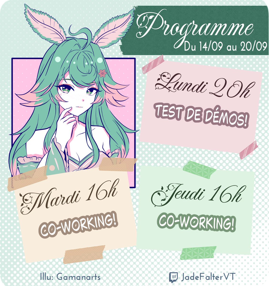 JadeFalterVT's tweet photo. Petit programme de cette semaine! (Les streams co-works j'aurais sûrement la tête dans le pâté soyez prévenus!) https://t.co/oLt2KWIBak