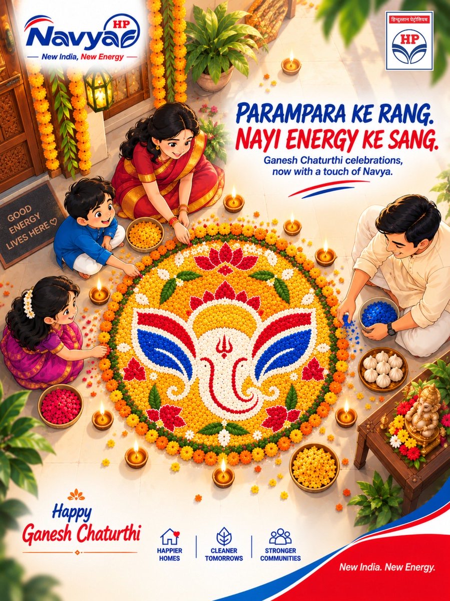 HPGAS_HQO's tweet photo. This Ganesh Chaturthi, as our homes come alive with  celebrations and new beginnings, may Bappa fill every home with happiness, prosperity and positive energy. 🙏✨

HP Navya wishes you and your family a very Happy Ganesh Chaturthi! 🌺

HP Navya | New India. New Energy.

#HappyGaneshChaturthi #GaneshChaturthi #GanpatiBappaMorya #HPNavya #NewIndiaNewEnergy @HPCL