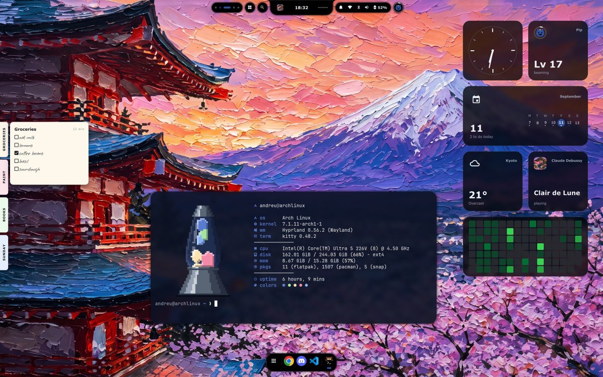 Arch Linux에 Hyprland를 위한 즉시 사용 가능한 Quickshell 데스크톱 환경 설정하기 대표 이미지