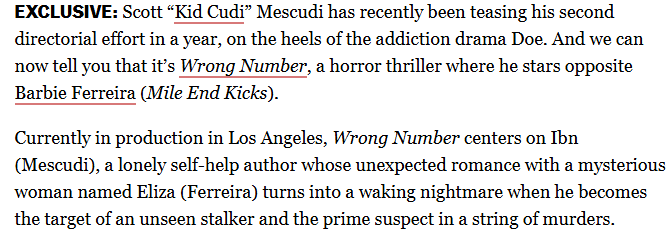 avinger_jr's tweet photo. Man, @KiDCuDi is cooking another directorial debut called ''WRONG NUMBER''. It's a comedy/horror.
Yeah, Cudi is writing the script and scoring the musicπ₯
It's had same producers of DOE. Which, it has casting director of Obsession and Adam Madrzyk is cinematographer. #MADSOLAR https://t.co/49vSX6vzzI