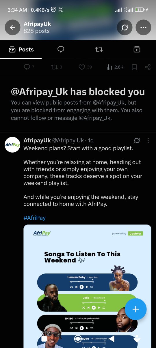 Jsix1507's tweet photo. Scammers  @Afripay_Uk ... Why block me if you guys aren't scammers? My money has been pending for over 2weeks..no response from any of your social media handles including mails. Avoid Afripay guys. https://t.co/3n34dQapEV