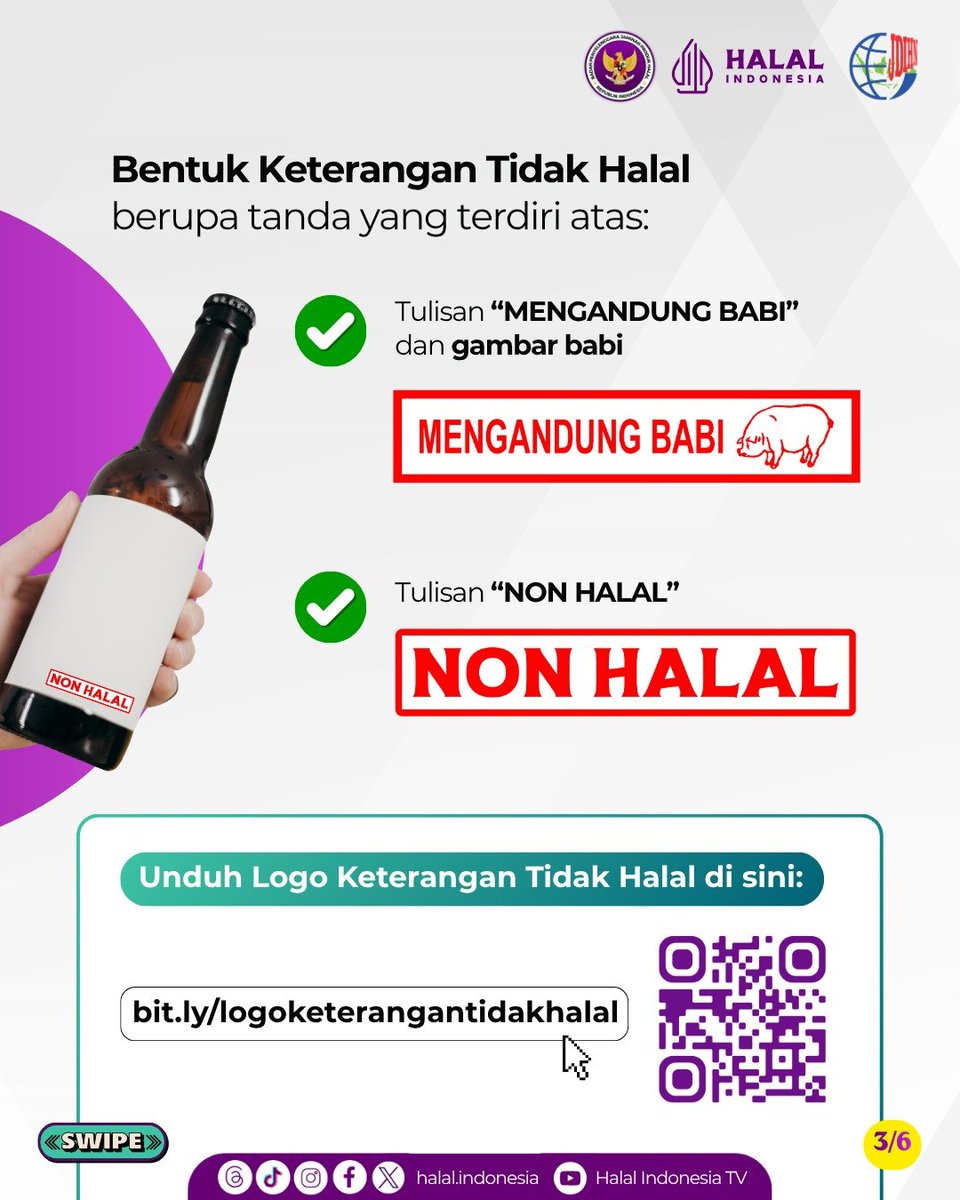 halalindonesia_'s tweet photo. Pelaku usaha yang memproduksi produk berbahan yang diharamkan wajib mencantumkan keterangan tidak halal sebagai bentuk keterbukaan informasi kepada konsumen.

Keterangan tidak halal dapat berupa tulisan "MENGANDUNG BABI" disertai gambar babi atau tulisan "NON HALAL". https://t.co/GQQoUvCsZJ