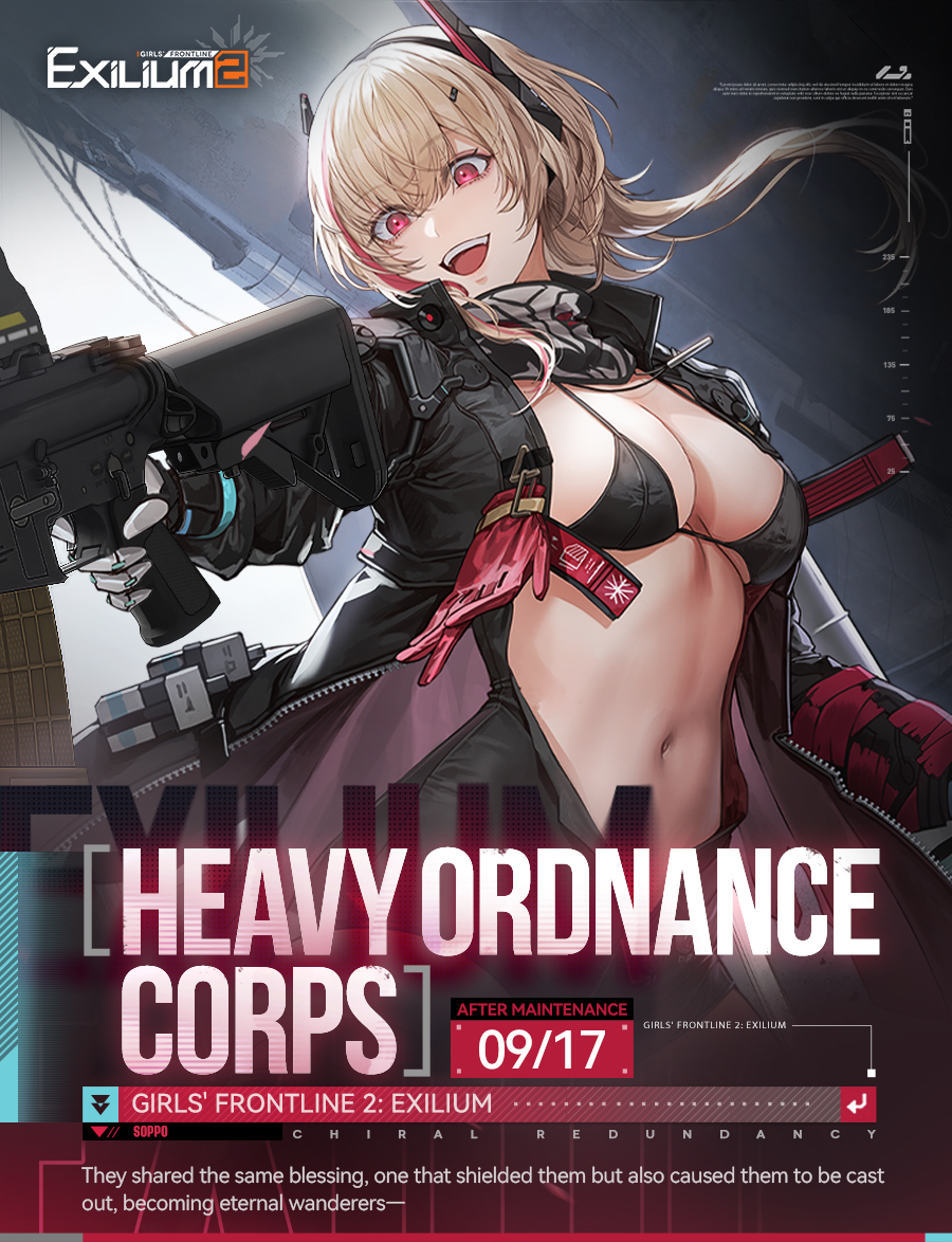 GFL2EXILIUM_EN's tweet photo. [Brand-New System - Heavy Ordnance Corps]

Dear Commander, the brand-new [Heavy Ordnance Corps] system will be available on September 17!

They shared the same blessing, one that shielded them but also caused them to be cast out, becoming eternal wanderers.

Check the image below for more details!

>> Download on mobile and PC: https://t.co/3G02IJclog
#GirlsFrontline2Exilium #gfl2exilium
