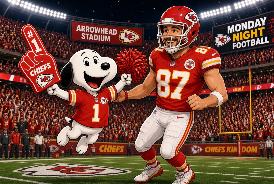ChiefsSnoopy's tweet photo. Snoopy’s locked in tonight with the one and only Travis Kelce, number eighty-seven 🐶🏈
Cheering the Chiefs on at Arrowhead against the Broncos. Let’s ride, Chiefs Kingdom 🔴🟡
#ChiefsKingdom #Kelce87 #MondayNightFootball #Snoopy https://t.co/kgEJk1U7E6