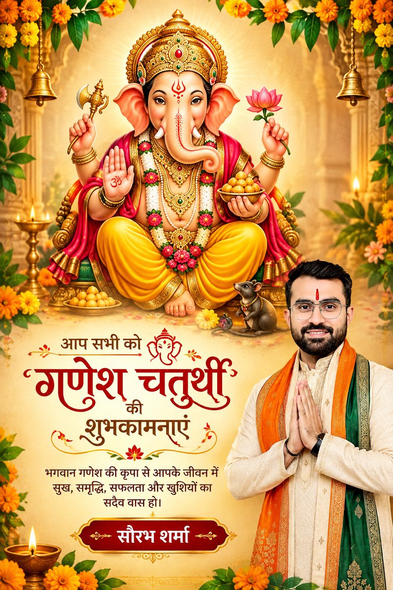 Im_SRSharma's tweet photo. विघ्नहर्ता, मंगलकर्ता भगवान श्री गणेश की उपासना के पावन पर्व 'श्री गणेश चतुर्थी' की सभी श्रद्धालुओं को हार्दिक बधाई एवं शुभकामनाएं।

गणपति बप्पा की कृपा से हर विघ्न मिटे, हर संकल्प सिद्ध हो और प्रत्येक जीवन सुख, समृद्धि व मंगल से भर उठे, यही प्रार्थना है। 

गणपति बप्पा मोरया। https://t.co/4kQg8qX2wH