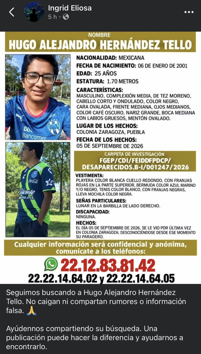 azucenau's tweet photo. 🚨 Continúa la búsqueda de Hugo Alejandro Hernández Tello, estudiante de la BUAP de 25 años desaparecido desde el 5 de septiembre en Puebla.

El gobernador Alejandro Armenta informó que se intensificó el operativo por tierra y aire para localizarlo con vida.

Autoridades y familiares piden no difundir versiones falsas ante rumores en redes sociales que aseguraban que había sido encontrado sin vida.