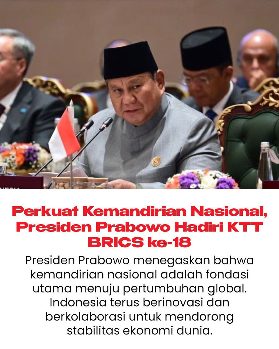 MailIsmail0e's tweet photo. Perkuat kemandirian nasional, Presiden Prabowo hadiri KTT BRICS ke-18
#PrabowoDiKTTBRICS
Peran Aktif Indonesia https://t.co/nD8HGoDHHJ