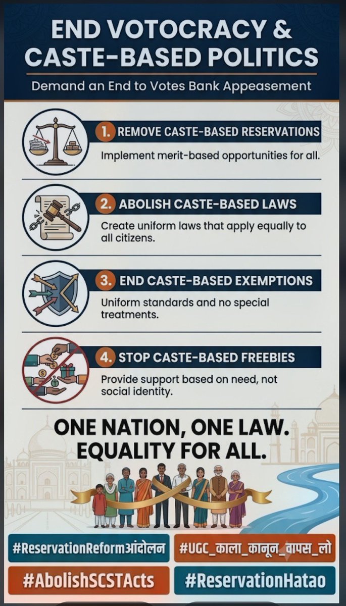 WagleKrishna07's tweet photo. @NewsAlgebraIND Is there any value of UCC, when citizens are divided on:-
1. CASTE-BASED Reservations
2. CASTE-BASED Laws
3. CASTE-BASED Exemptions
4. CASTE-BASED Freebies
One Nation, One Laws. Equality for all.
#ReservationReformआंदोलन
#SaveMeritInUP
#AbolishSCSTActs
#ReservationHatao https://t.co/mpg2lzXSX6