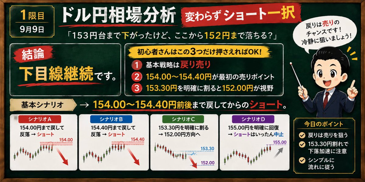 Kitagawa_fx's tweet photo. 【🏫1限目】9月14日 ドル円相場分析｜戻り売り一択

「レンジで方向感が掴めない...」
「エントリーしたら逆行してばっかり...」

結論、『下目線継続』です。

特に初心者さんは
この3つだけ押さえればOKです👍

・大きな流れは下降トレンド継続
・154.50円が今日最大の売りポイント
・153.80円を再び割れば153円～152円を警戒

🏫今日の結論から言います

基本シナリオは、154.50円前後まで
戻して反落したところをショート。

【シナリオA：154.50円まで上昇→反落確認→ショート】
【シナリオB：153.80円まで戻されて下抜け→ショート】
【シナリオC：153.00円割れ→152.60〜152.00円を狙う】
【シナリオD：154.50円を明確に突破→ショートはいったん中止】

🏫なぜ154.50円が重要なのか？

今回の1時間足を見ると分かりやすいです。

直近は、
153.00円付近
↓
154.50円
↓
153.30円付近
↓
現在154.00円

つまり短期的には、153円台で
ダブルボトムに近い形を作って反発しています。
さらにRSIも53.09まで回復。

短期的な買い戻し自体は、
まだ154.50円方向へ続いてもおかしくないです。

重要なのはその先で、154.50円付近には
『直近戻り高値＋過去のサポート＋4時間足の戻り売り候補』が重なっています。

🏫ファンダメンタルズ

① FRB9月利上げ確率86％、米金利高がドル円を下支え
② 日銀1.25％利上げ観測、円は7カ月ぶり高値圏を維持
③ 投機筋が円買いへ大転換、円キャリー巻き戻しに注意
④ 原油107ドル台へ急騰、中東情勢はドル円の最大上昇リスク
⑤ ホルムズ協議延期、サウジ供給問題で週明け原油に警戒

🏫今日のまとめ

基本戦略は、引き続き戻り売り。

今のドル円は、
「下がったところを売る相場」ではなく、
「戻ってきたところを待って、
再び下を向いた瞬間に売る相場」

ここを間違えないことが、
今日一番重要ですね。