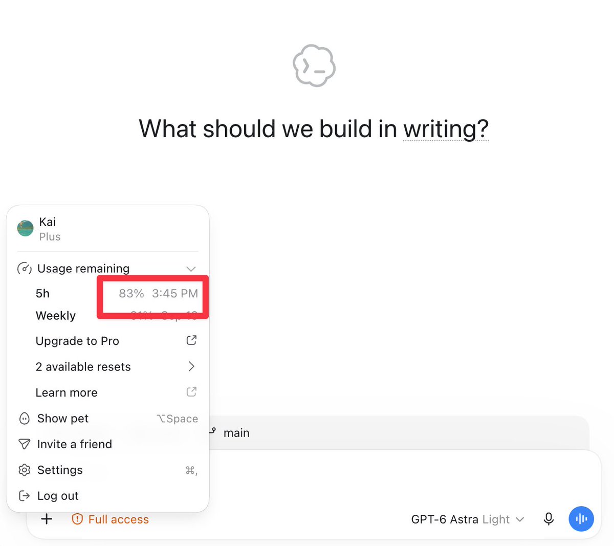 hqmank's tweet photo. Since my Codex reset over the weekend, my quota seems to go much faster.

About 5-6 exchanges writing simple docs with GPT-6 Astra Light used 17% of my 5-hour quota. I'm on ChatGPT Plus.

Anyone else seeing this? https://t.co/h5AR46Vxt0