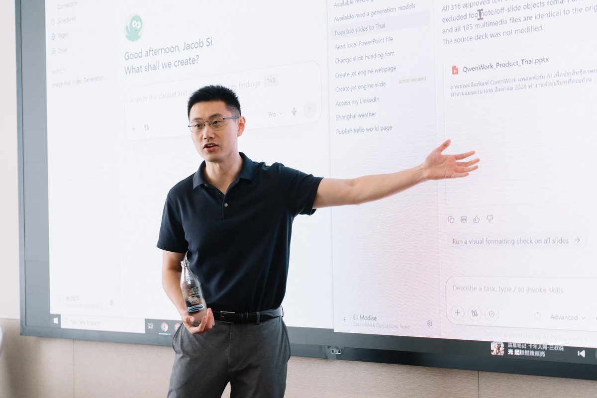 qwenwork's tweet photo. The fastest way to understand QwenWork is to try it! How do you automate reports? How does AI fit into the way we already work? These are the questions we heard in Bangkok. 

🇹🇭At Qwen Conference Thailand 2026 (Sept 4-5), QwenWork met professionals from banking and finance, government, retail, IT services and hospitality — many facing the same friction: hours lost to reports, email and searching for information, workflows still done by hand, data that takes too long to find.

The hands-on workshop led by Jacob Si, Solution Evangelist for Global Enterprise AI, walked participants through real business scenarios. The response made one thing clear: the fastest way to understand QwenWork is to try it.

That worked in Bangkok, and it works wherever you are. Want to see for yourself? Try it here: https://t.co/JUdPIyw5WC

Thank you to everyone who stopped by. Momentum in Southeast Asia keeps building — more to come.

#QwenWork #QwenConferenceThailand2026 #Alibabacloud #EnterpriseAI