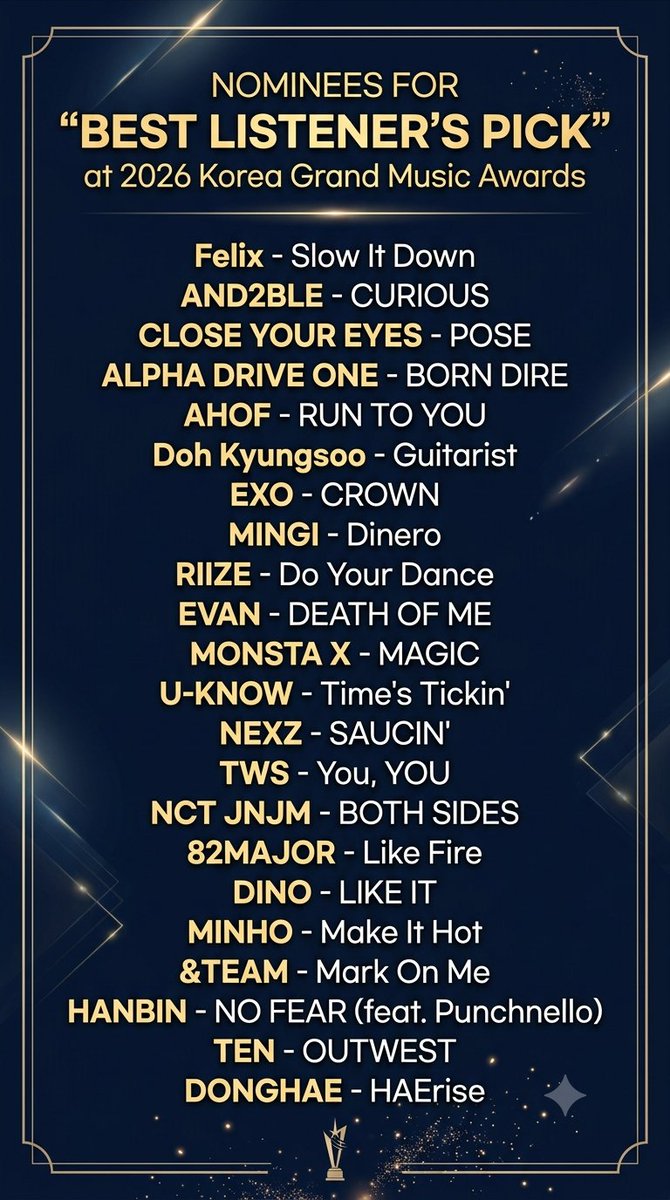 kbgmedia's tweet photo. Nominees for "Best Listener's Pick" at 2026 Korea Grand Music Awards https://t.co/SkV2kAHG7C
