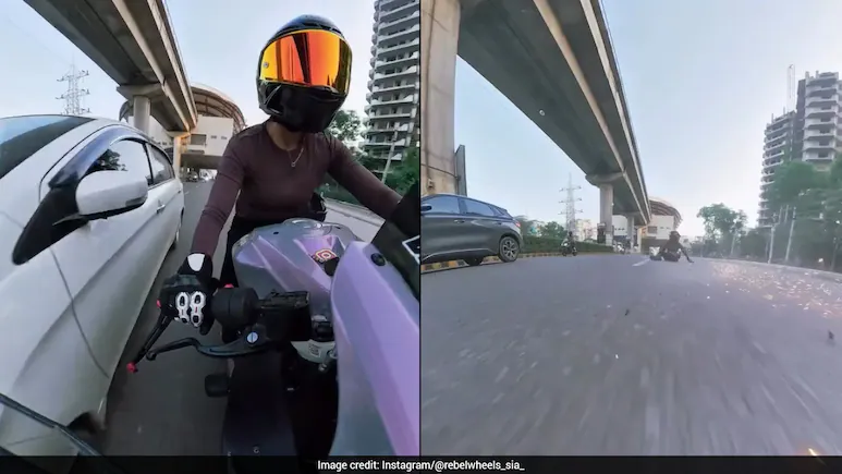 ndtv's tweet photo. Woman Riding Sports Bike Hit By Car After She Asked Driver To Stay Away https://t.co/AX3u1Zfxp3 https://t.co/Hvc1005PJG