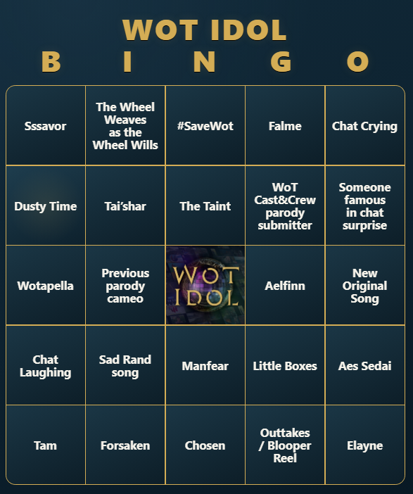 WoTIdol's tweet photo. Hey #TwitterOfTime
Do you have "Chat on fire" on your #WotIdol2026 Bingo card yet?
Because it will be!
Go to https://t.co/GGhrx0WI9m to get a randomized 5x5 daily card, a multi day 7X7 card or use the menu to customize it, make your own or draw a new card!
#WotIdol https://t.co/K6Cx0kKoQa
