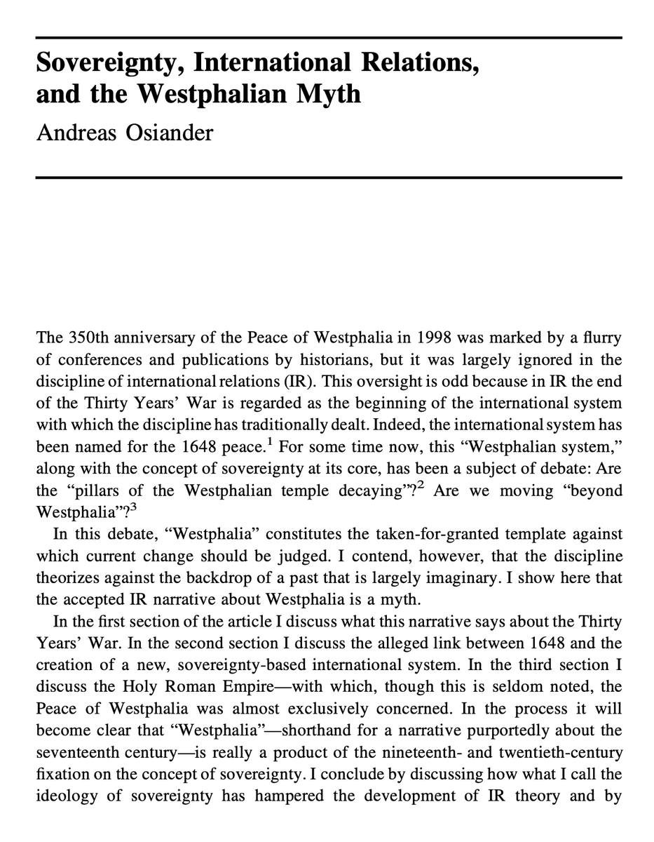 JonathonPSine's tweet photo. Very funny that the routine line about the Treaty of Westphalia being the beginning of a "modern state system based on sovereignty" was apparently just anti-Habsburg propaganda, useful to nationalists across Europe, which 20th century scholars happily endorsed. https://t.co/LcdNnEqiJJ