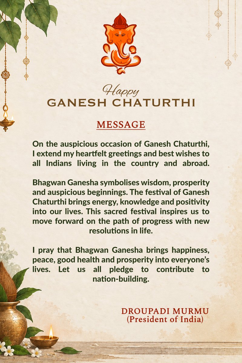 rashtrapatibhvn's tweet photo. On the auspicious occasion of Ganesh Chaturthi, I extend my heartfelt greetings and best wishes to all Indians living in the country and abroad. https://t.co/lHIqQyqpy9