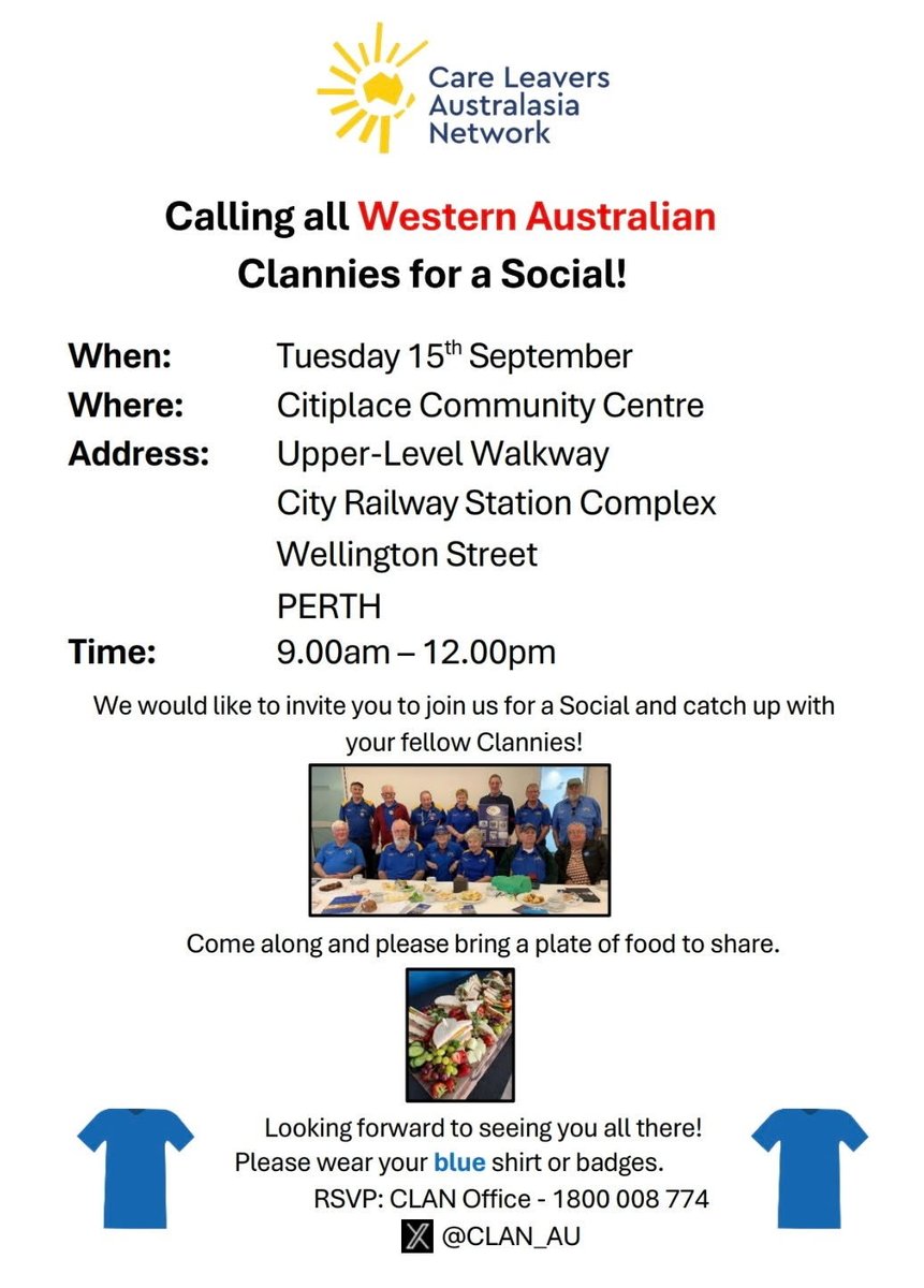 CLAN_AU's tweet photo. Calling WesternAustralian Clannies you social is on in Perth 
Please bring a plate to share 
🍇🍑🍎🍌🍌🍊🍉
Hope you have a good time together 💛💙👕💛💙👕 https://t.co/RC6MOHKV4a