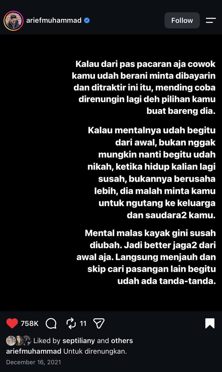 Sipitungscbd's tweet photo. Postingan Bang Arief ini masih gue simpen sampai sekarang, buat jaga-jaga biar selalu inget kalau cowok udah berani minta ini-itu, berarti dari awal emang udah nggak beres 😭

Mending langsung cut off aja daripada makin ribet wkwkwk. https://t.co/77hIGrx2fI
