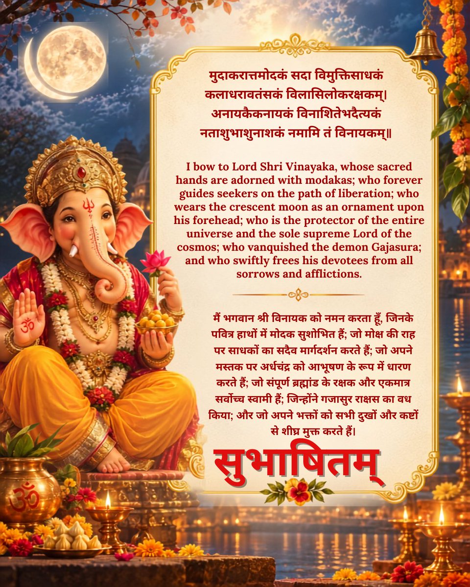 MyGovSanskrit's tweet photo. मुदाकरात्तमोदकं सदा विमुक्तिसाधकं कलाधरावतंसकं विलासिलोकरक्षकम्।
अनायकैकनायकं विनाशितेभदैत्यकं नताशुभाशुनाशकं नमामि तं विनायकम्॥
#MorningMusings
#MorningMotivation
#Subhashitani
#Ganpati https://t.co/gZZKXfarmy