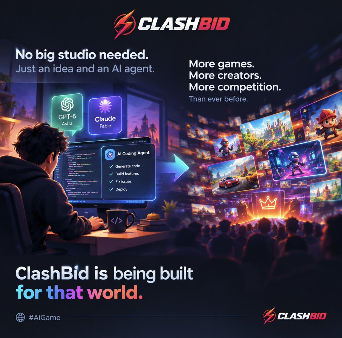 clashbid's tweet photo. You don't need a huge studio to build interesting things anymore.

A developer with an idea and an AI coding agent can create something real.

But it also means one thing:

There will be more games fighting for attention than ever.

ClashBid is being built for that world.
#AiGame https://t.co/TJhRv5okuT