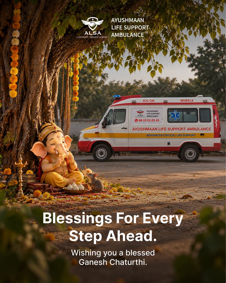 alsaambulance's tweet photo. Wishing you and your loved ones a blessed Ganesh Chaturthi. May Lord Ganesha remove every obstacle and fill your days with peace and positivity.

Ganpati Bappa Morya! 🙏

#GaneshChaturthi #Ganesha #AyushmaanAmbulance #AmbulanceServices #Medical #Healthcare https://t.co/6NmMqyyTRO