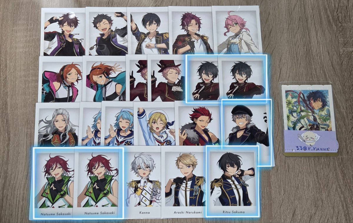 r_ruuur's tweet photo. 【交換】あんスタ　ぱしゃっつ (10周年　特典)

譲▷千秋、鉄虎、北斗、真緒、桃李、ひなた、ゆうた、宗、みか、凪砂、創、なずな、紅郎、晃牙、夏目、カンナ、嵐、凛月

求▶ジュン(∞)、エス(1枚)＞こはく(∞)、(ニキ(1枚)、藍良(1枚))＞巽、日和

⬇️ https://t.co/REOaX9imQ6