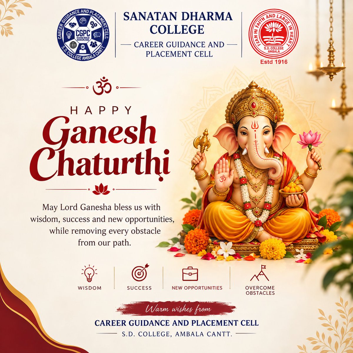 cgpcsdc's tweet photo. 🙏✨ Happy Ganesh Chaturthi!
May Lord Ganesha bless us with wisdom, success &amp; new opportunities. 🌺

— Career Guidance &amp; Placement Cell, S.D. College Ambala Cantt.

#GaneshChaturthi #SDCollege #CGPC https://t.co/8vxa4NinyJ