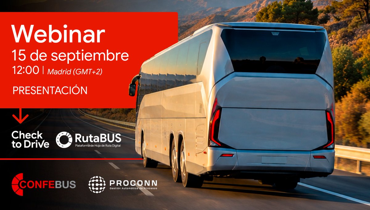 ConfebusSocial's tweet photo. 🚌💻 ¡Prepárate para la hoja electrónica de ruta!
📅 15/09 | 12:00 h: webinar práctico de #CONFEBUS sobre #RutaBUS y Check To Drive para facilitar la gestión y el cumplimiento normativo.
🔗 https://t.co/10vl4XhOpk https://t.co/uIXtbHf3MA