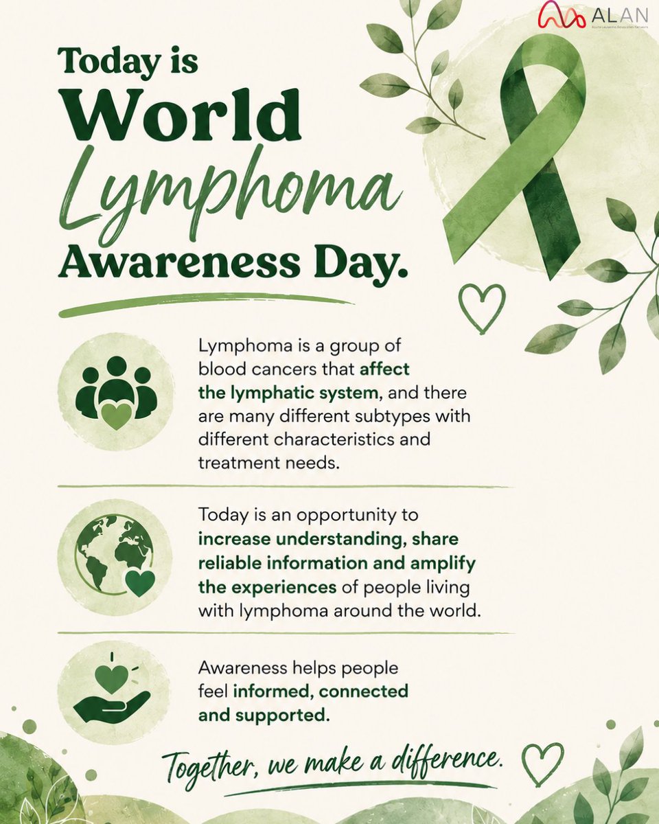AcuteLeuk's tweet photo. 💚 Today is World Lymphoma Awareness Day.

Awareness helps people feel informed, connected and supported. ❤️
#WorldLymphomaAwarenessDay #WLAD2026 #Lymphoma #BloodCancerAwarenessMonth #PatientVoice #ALAN https://t.co/HFrkZ3UgMe