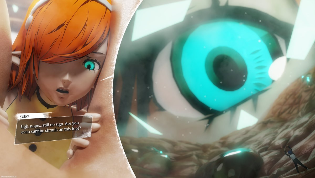 sadincarnate3D's tweet photo. Eupha, still getting used to her Archetype's power, accidentally lands her Captain in a sticky situation.

Shrunken to a state so small, even the eyes of the team's smallest member fails to spot him...

[Comm] https://t.co/F2afLE7d9r