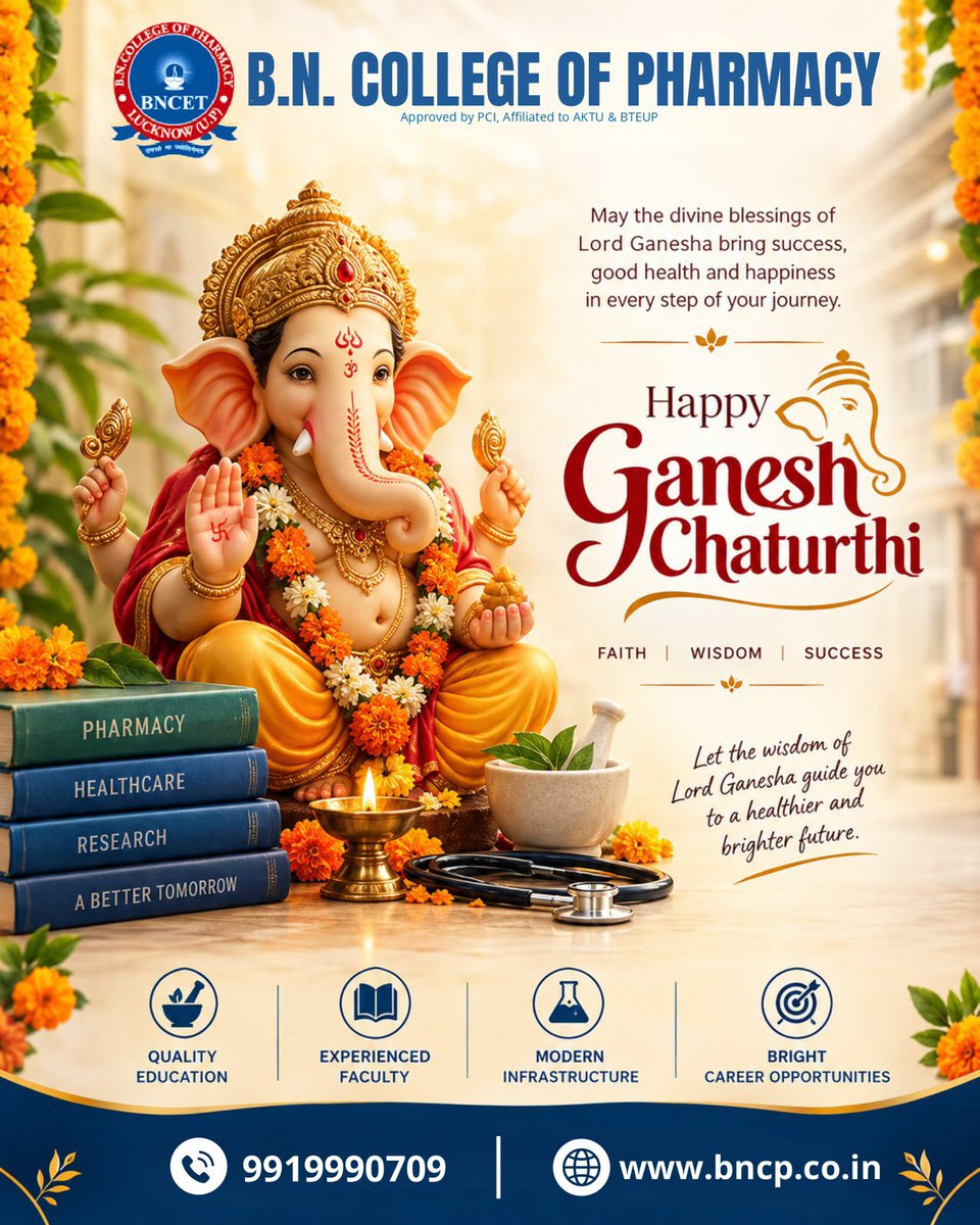 bncplucknow's tweet photo. 🪔✨ May Lord Ganesha bless you with wisdom, prosperity, good health and success! ✨🪔

On this auspicious occasion of Ganesh Chaturthi, B.N. College of Pharmacy extends heartfelt wishes to all students, faculty members, parents and well-wishers. 🙏

Happy Ganesh Chaturthi! 🐘❤️ https://t.co/utR8SCr9WX