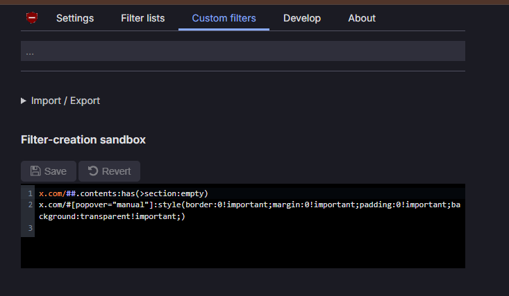 HBadger_204's tweet photo. So, I went to manage extensions, toggled on the Allow User Scripts for uBlock Origin Lite. Then when and clicked on the settings, in the extensions icon in my chrome tab. Went to custom filters... rest in this screen shot.

Am I doing anything wrong cuz with 1 code at a time and now them both together