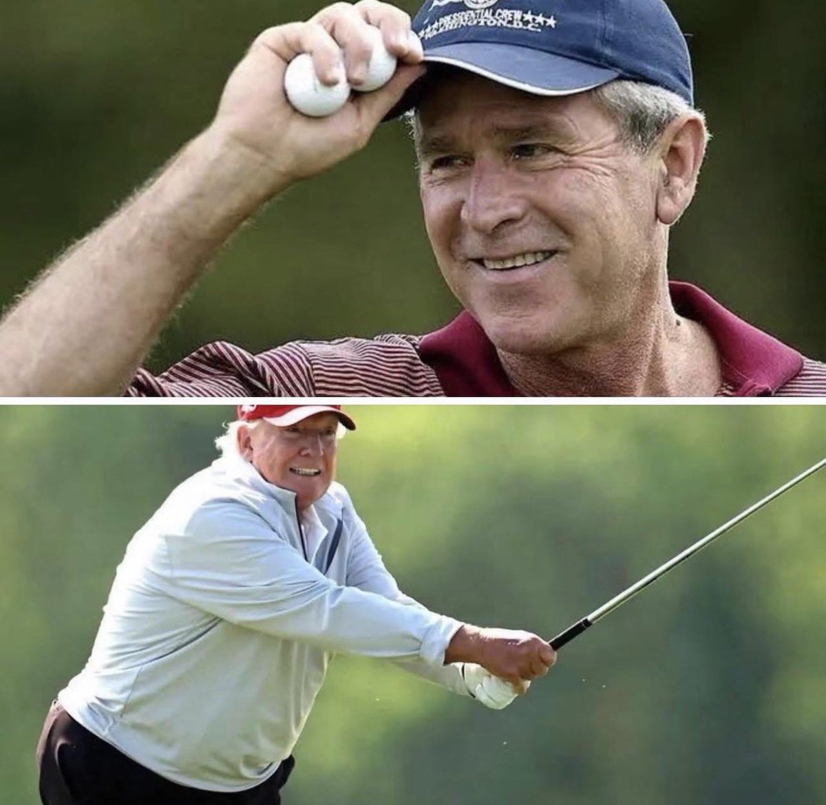 Gianl1974's tweet photo. George Bush quit playing golf after starting the Iraq War. "I don't want some mom whose son may have recently died to see the commander-in-chief playing golf," he said.
"I feel I owe it to the families to be in solidarity as best as I can with them. And I think playing golf during war just sends the wrong signal."
Meanwhile, Trump started his war AT his Florida golf course and has spent every single weekend since on the links.
And WE foot the bill.
For both the war AND the golf.