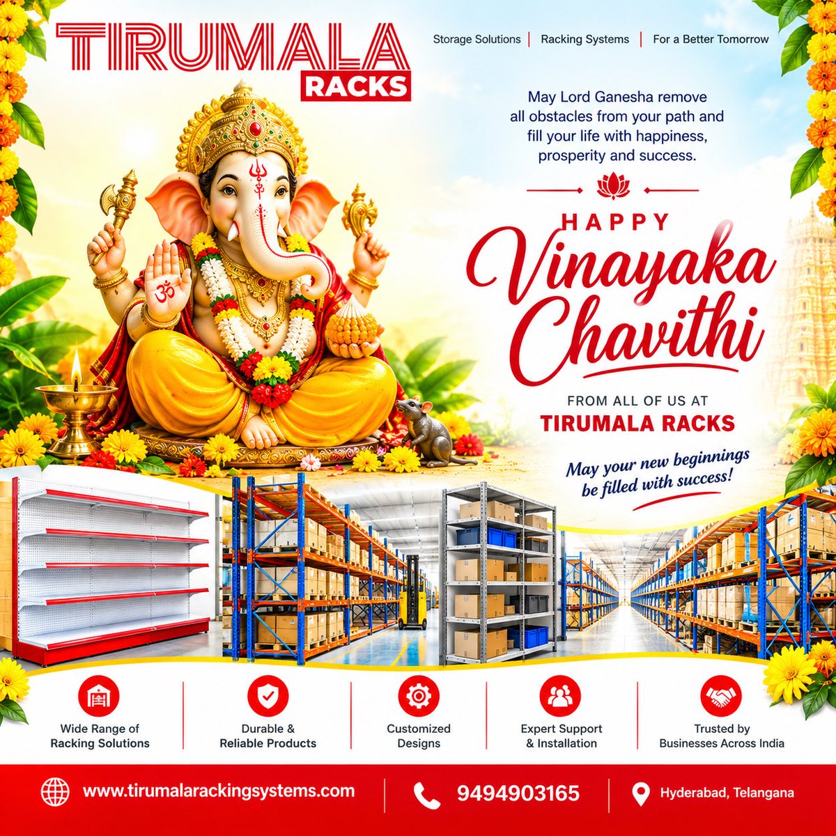 TiruRacks's tweet photo. 🪔🙏 Happy Vinayaka Chavithi! 🙏🪔

May Lord Ganesha bless you with wisdom, prosperity, happiness, and success, and remove every obstacle on your path.
#tirumalaracks #shelving https://t.co/gEJNHLD48i