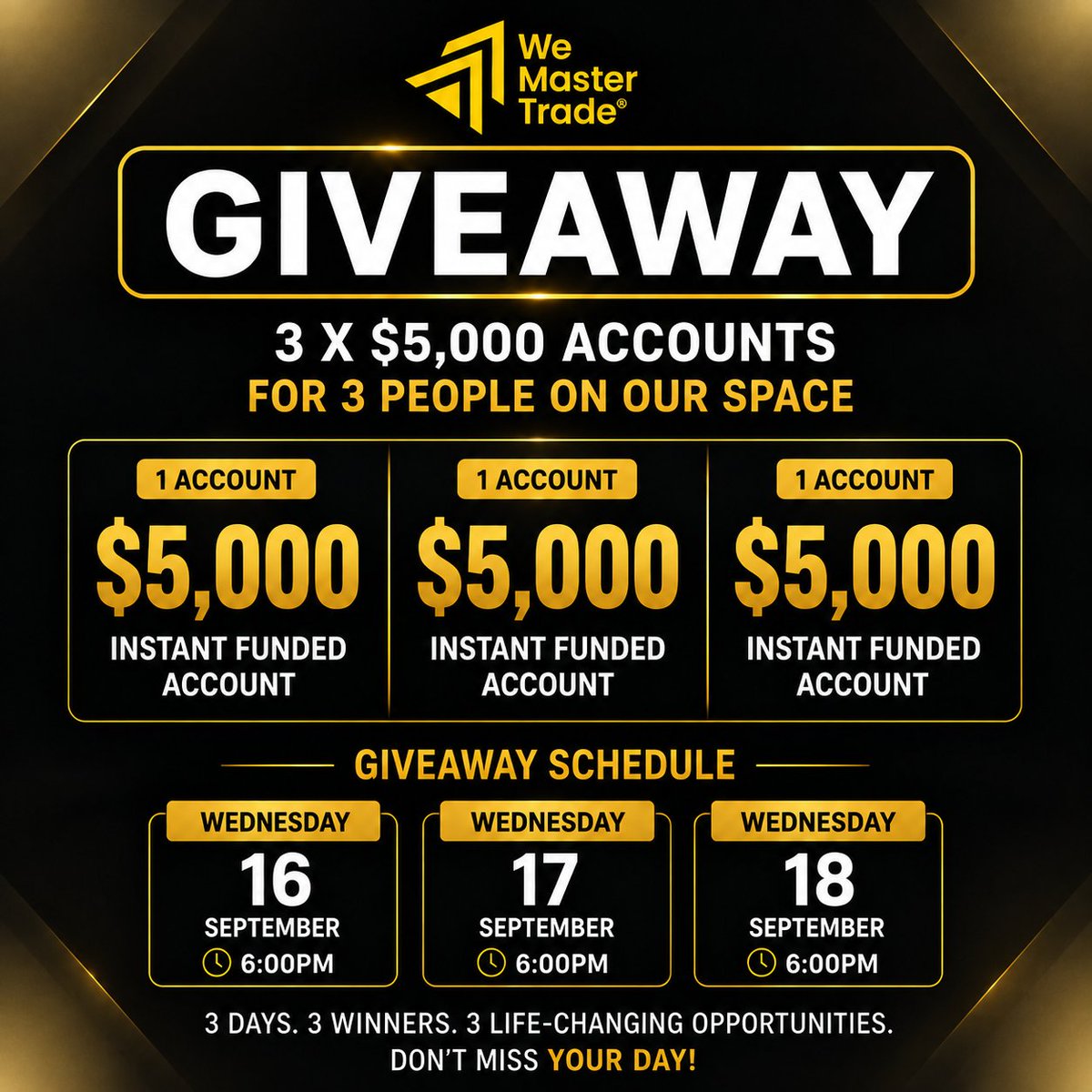 gibhub189's tweet photo. 🔥 3 DAYS. 3 WINNERS. 3 × $5,000.

MONETARY POLICY WEEK + CHART SETUP

This week, we’re taking GIBHUB Trading Spaces to another level.

For 3 days, we’re going inside the events that can move the markets — and, more importantly, learning how to turn those events into a structured trading process.

And yes…

🏆 Each day, ONE trader will walk away with a $5,000 instant-funded account from We Master Trade.

But the real opportunity?

Learning how to think before you trade.

Because the best traders don’t just open a chart and look for an entry.

They ask:

What is happening in the economy?
What is the central bank telling us?
How could the market interpret it?
Where is the trade idea?
What does the chart say?
How do I execute it?
And did I actually follow my plan?

That is what this week is about.
📅 SEPTEMBER 16 — FOMC + CHART SETUP
We start with the Federal Reserve.
We’ll break down the FOMC Press Conference, Fed Fund Rate, Economic Projections and the information traders need to understand the Fed’s message.
But we’re not stopping at macro analysis.
We’ll take that information and work toward:
📊 A Macro Trade Idea
📈 Chart Setup
🎯 Execution Plan

The goal is to understand the process:

FED → MACRO → TRADE IDEA → CHART → EXECUTION

01 — COMBINE MACRO TRADE IDEA + CHART SETUP

📅 SEPTEMBER 17 — BOE MONETARY POLICY

Day 2 is about understanding the Bank of England and what its monetary-policy decision can mean for markets.

We’ll look at:

🏦 BOE Policy Decision
🔎 Key Takeaways
📊 Market Impact
🌍 The broader macro environment
💡 What it means for your trades

The objective isn't simply to know what the BOE decided.
It's to understand what the decision means.
Because headlines tell you what happened.

Macro analysis helps you understand why it matters.

02 — UNDERSTAND THE MACRO

📅 SEPTEMBER 18 — BOJ MONETARY POLICY + TRADE REVIEW

We finish the week with the Bank of Japan, followed by something every serious trader needs:

📓 Journaling
🎯 Application
🔎 Trade Review

We’ll look at:

🏦 BOJ Policy Decision
📊 Market Impact
📓 Journal Your Trades
🧠 Apply the Insights
🔎 Review Your Execution

Because a losing trade isn't automatically a bad trade.
And a winning trade isn't automatically a good trade.
The real question is:
Did you execute your plan?
03 — JOURNAL, APPLY + REVIEW

🕕 6:00 PM WAT EACH DAY

🎙️ Venue: @gibhub189

🏆 3 DAYS. 3 WINNERS. $15,000.

One $5,000 instant-funded account will be given away each day.

But to be eligible, you need to complete ALL 4 STEPS. 👇

1️⃣ REGISTER WITH WE MASTER TRADE

👉 Register with We Master Trade https://t.co/huhg1qCzFq

🎟️ Use promo code: DNA30

Get 30% OFF.
2️⃣ FOLLOW
Follow all the accounts:

@gibhub189
@GibhubPrime 
@WemasterAfrica
@QingShiro 
@TheCandleMatrix 

3️⃣ ENGAGE
❤️ Like the main giveaway post
🔁 Repost this post + my pinned post
🔖 Bookmark this post
👥 Tag 3 traders

🎙️ Join the Space and stay until the end

Don't just enter.

Show up. Learn. Participate.

4️⃣ JOIN OUR COMMUNITIES

📚 GIBHUB Academy https://t.co/A3ymIJOS62

🌍 We Master Trade Africa https://t.co/a8R8vKhlwb

💬 WeCopyTrade Talk https://t.co/4RlPCTy7g4

👥 X Community  https://t.co/a5AHwJ1Dz3

📸 IMPORTANT

After completing all 4 steps, post a screenshot in the comments showing that you completed everything.

No screenshot = no entry.

Incomplete entries won't qualify.

🔥 THREE DAYS. ONE COMPLETE TRADING PROCESS.

DAY 1
🔥 COMBINE MACRO TRADE IDEA + CHART SETUP

↓

DAY 2
🌍 UNDERSTAND THE MACRO

↓

DAY 3
📓 JOURNAL, APPLY + REVIEW

By the end of the week, the goal isn't simply to know what the Fed, BOE or BOJ said.

It's to become better at asking:
What does this mean?
How does it affect my market?
Where is my setup?
What's my execution plan?
And did I follow it?

That is how you move from reacting to the market to trading with a process.

🔥 SAVE THE DATES.

SEPT 16 → FOMC + CHART SETUP
SEPT 17 → BOE MONETARY POLICY
SEPT 18 → BOJ + TRADE REVIEW

🕕 6:00 PM WAT EACH DAY

Bring your charts.
Bring your questions.
Bring your journal.

And bring a trader who needs to hear this.

3 days. 3 winners. $15,000 in instant-funded accounts.

But most importantly:

COME TO LEARN HOW TO TRADE WITH PURPOSE.

GIBHUB — TRADE. LEARN. GROW.