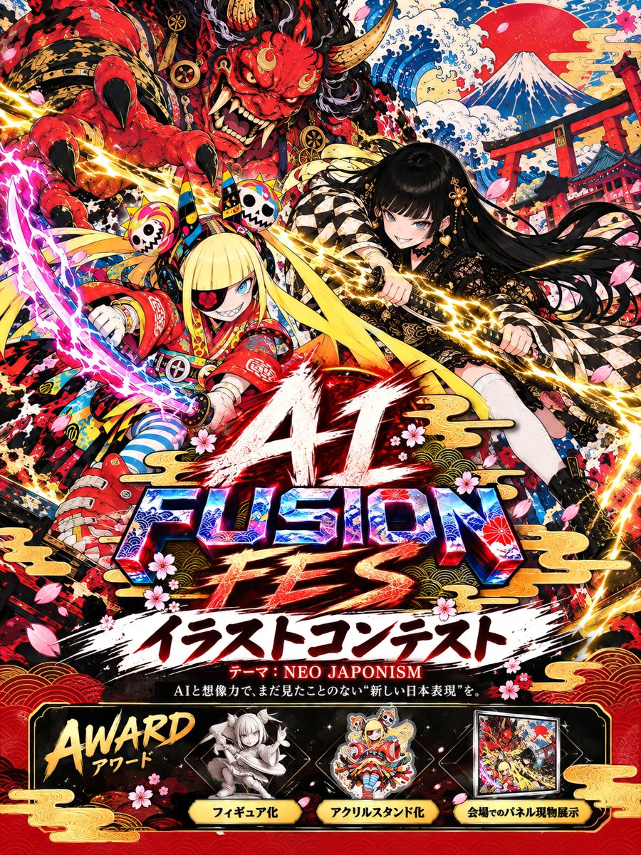 ai_fusion_fes's tweet photo. #AIFUSIONFES 

🎨⚡ AI FUSION FES イラストコンテスト開催 ⚡🎨

AI × 音楽 × 映像 × イラストが融合する
「AI FUSION FES」から、イラストコンテストを開催！

テーマは【NEO JAPONISM】

日本の伝統文化と現代の感性を掛け合わせた、
あなただけの“新しい日本表現”を募集します🔥

🎯 募集テーマ

【NEO JAPONISM】

🌸 イメージ

・伝統的な和装／和柄／工芸 × 現代ファッション
・浮世絵／日本画／妖怪／神話の新しい解釈
・祭り／花魁／侍／忍者／和の街並み
・ネオン／サイバーパンク／近未来テクノロジー
・現代カルチャーと日本文化の融合
など

表現方法や世界観は自由です。
あなたが思い描く「新しい日本」を作品にしてください。

🏆 入選特典

・440(Yoshio)氏（@440_no_Yoshio ）による作品の現物化
・株式会社ひかりてらすが運営する「アクリルの仙人」（@acrylic_sennin ）によるアクリルグッズ化
・選出作品のパネル現物化・会場展示
など

完成した作品・グッズは、AI FUSION FESの会場でお渡しする予定です🔥

📩 応募条件

・AIを活用して制作したオリジナルイラスト
・使用するAIツールは自由
・お一人様2作品まで

🔥 コンテストについて

本コンテストは、AI FUSION FESの会場で展示・投影することを前提とした選考です。

応募作品は選考結果にかかわらず、2026年12月12日に渋谷「club VIZEL」で開催されるAI FUSION FESの会場ステージにて投影予定です。

あなたの作品が、リアルイベントの空間を彩るチャンスです。

✍️ 応募方法（2ステップ）

① Xに以下を付けて作品を投稿

・ハッシュタグ
#AIFUSIONFESイラストコンテスト

・作品タイトル

作品へのこだわり、使用ツール、見てほしいポイントなども自由に添えてください。

② Googleフォームから、画像ファイルと必要事項を提出
応募フォームはツリーへ👇🏻

Xへの投稿とフォームへの回答を確認後、公式アカウント（@ai_fusion_fes ）が該当投稿に「いいね」をつけた時点でエントリー完了です。

いいねが確認できない場合は、公式アカウントまでリプライまたはDMでご連絡ください。

📅 開催期間

2026年9月14日〜9月30日 23:59まで

⚠️ 注意事項（必読）

以下に該当する作品は禁止です。

・版権作品／二次創作
・第三者の著作物を無断で使用した作品
・商用利用が認められていない素材・ツールを使用した作品
・過度な暴力表現／センシティブな表現を含む作品
・テーマから大きく外れた作品
・無関係なハッシュタグを乱用した投稿

※Xの仕様により、投稿がハッシュタグ検索に表示されない場合があります。
※応募作品は、本イベントおよび関連する告知・プロモーションで使用させていただく場合があります。

💬 AI FUSION FESのコンセプトは「ジャンルの融合」

音楽・映像・イラストが交差する空間を、
あなたの作品と一緒に創りましょう🔥