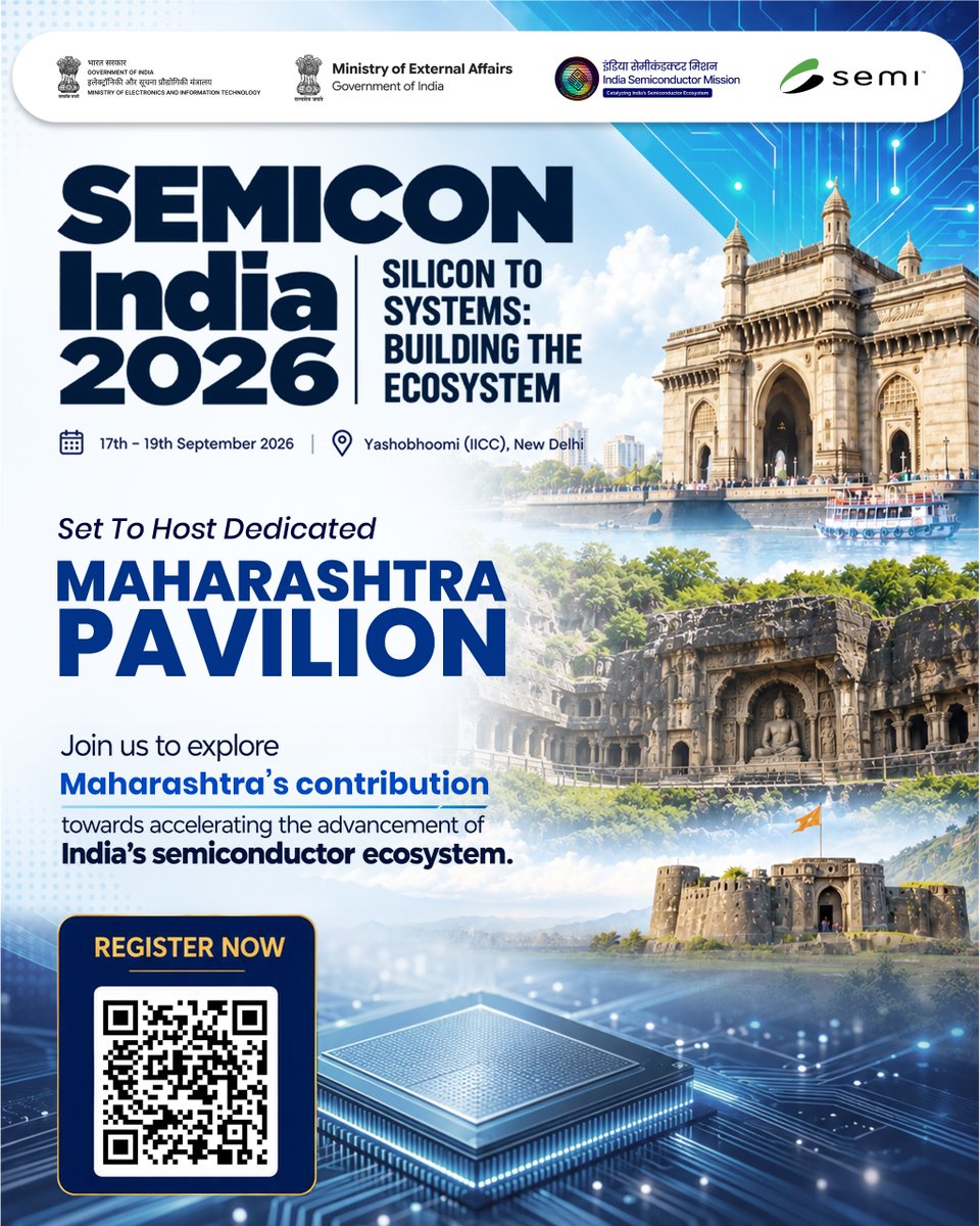 GoI_MeitY's tweet photo. ⚡SEMICON India 2026 is set to host a dedicated Maharashtra Pavilion, showcasing the contributions, capabilities, ambitions and opportunities that #Maharashtra brings to #India’s evolving #semiconductor landscape.
🔗 Register Now:
https://t.co/HUM3SWzt14
#SEMICONIndia2026 https://t.co/UgNvbTSRAy