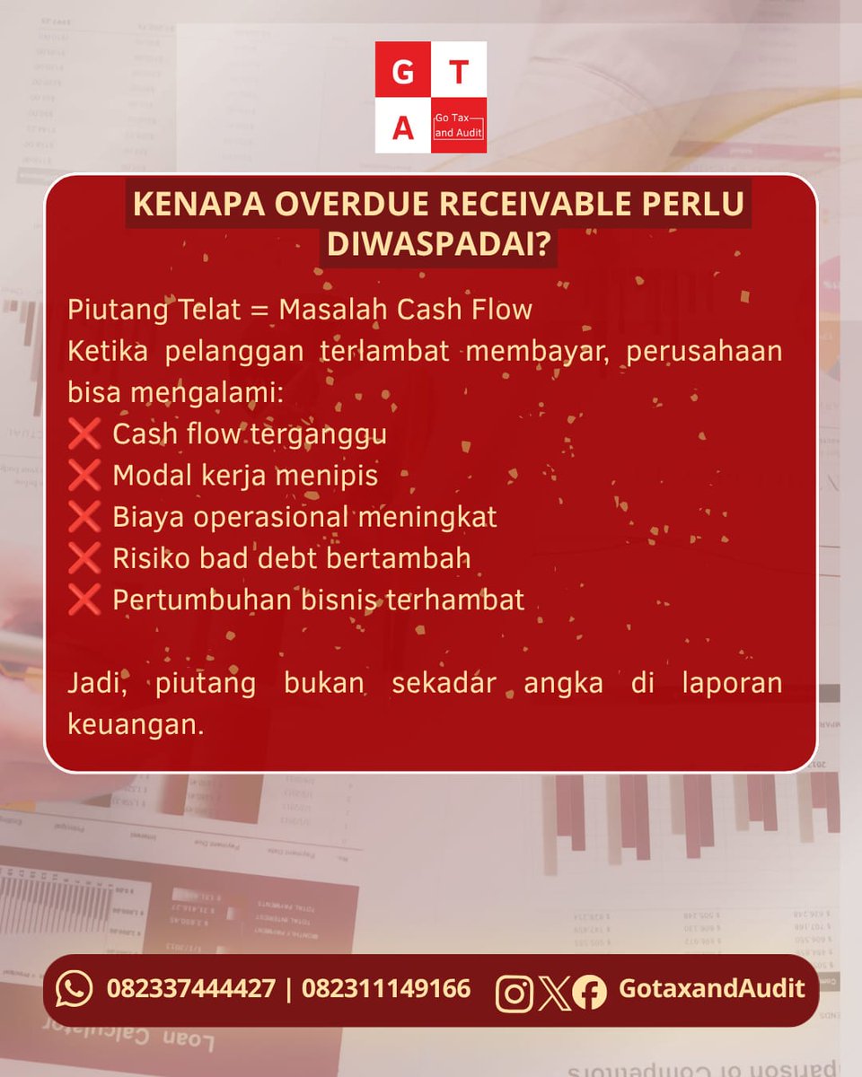 GoTaxandAudit's tweet photo. Yuk, pahami lebih dalam strategi menurunkan overdue receivable! #Akuntansi #Accounting #Piutang #OverdueReceivable #CashFlow https://t.co/8Ao207s8jb