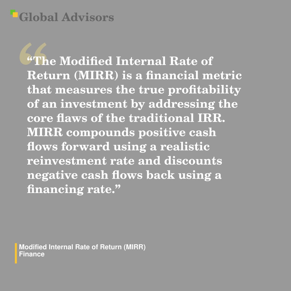 MarcWilson10000's tweet photo. #Term: #ModifiedInternalRateOfReturn (#Mirr) – #Finance - https://t.co/USf6Yc6XSk
"The Modified Internal Rate of Return (MIRR) is a financial metric that measures the true profitability of an #Investment by addressing the core flaws of the traditional IRR. MIRR co... https://t.co/O8OeTBHQaT