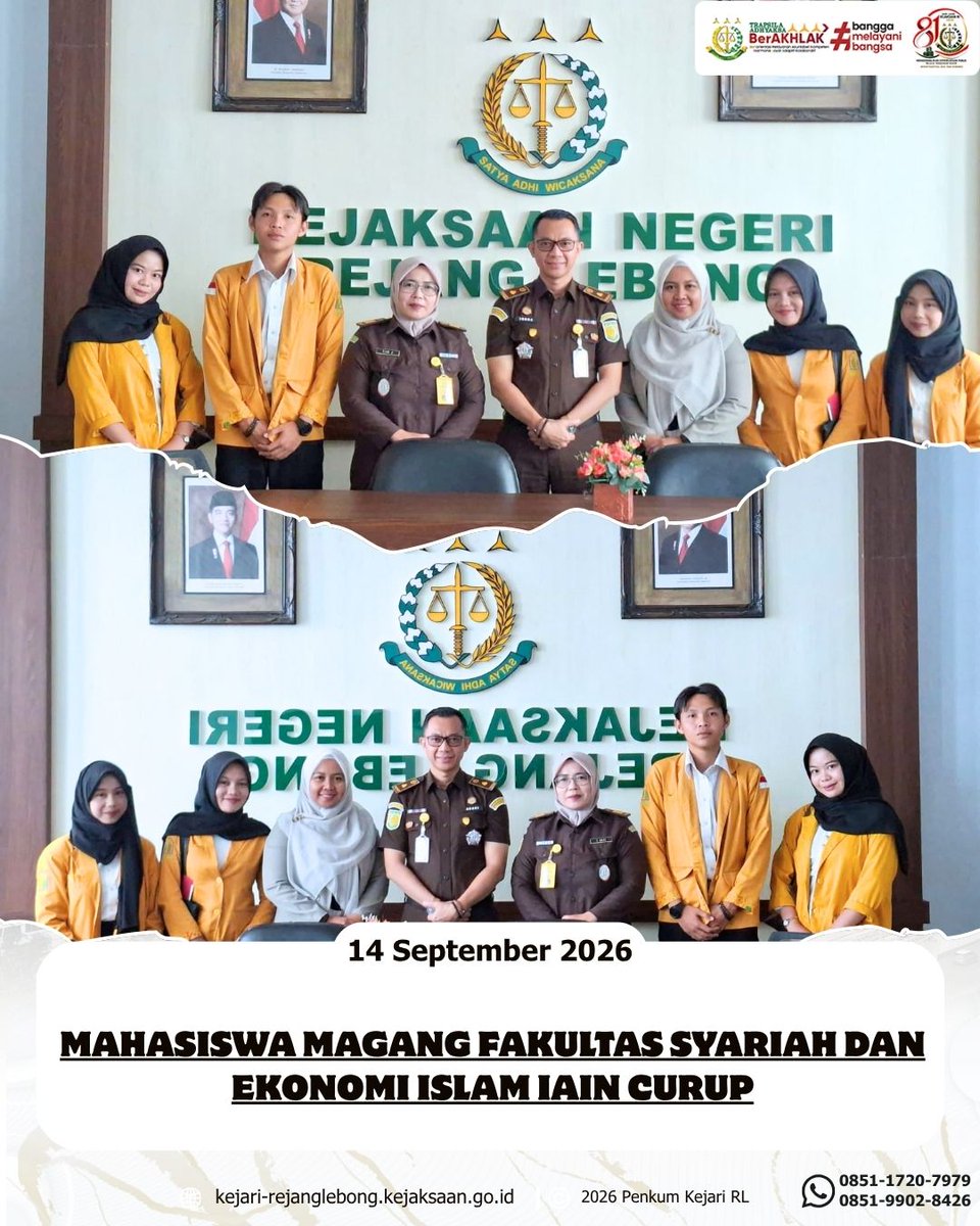 kejariRL's tweet photo. Senin. 14 September 2026.
Kepala Sub Bagian Pembinaan Bapak Indra Vierman, S.H. dan Kaur Kepegawaian Ibu Elva Zuryanti, S.H. telah menerima mahasiswa magang dari Fakultas Syariah dan Ekonomi Islam IAIN curup. https://t.co/kx4SwkR71S