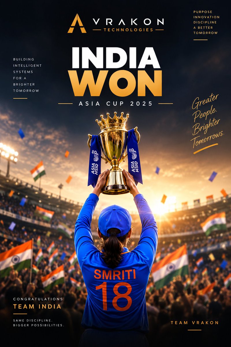 VrakonTech's tweet photo. INDIA WON. 🇮🇳🏆
Discipline. Resilience. Teamwork.
A billion dreams. One proud moment. 🇮🇳
Congratulations to Team India — Champions of Asia. 💙
Greater people. Brighter tomorrows.
— Vrakon Technologies
#TeamIndia #AsiaCup #VrakonTechnologies https://t.co/rkMMrweVqC
