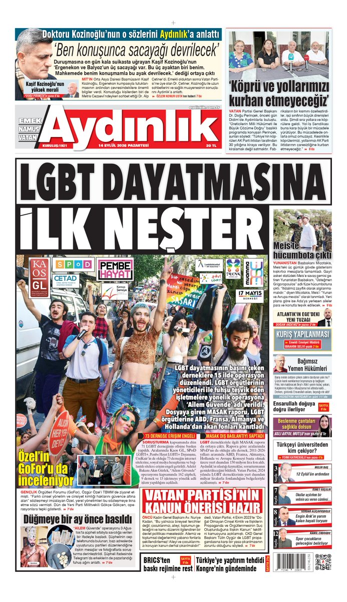 AydinlikGazete's tweet photo. 📌 Aydınlık manşet

🟥 LGBT dayatmasına ilk neşter

https://t.co/axeXGgqoI1 https://t.co/2Zve6ylR1I