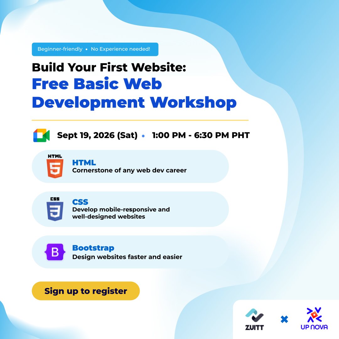 zuittco's tweet photo. 👋 Register here: https://t.co/nbPWwom4R7

💻 Online through Google Meet

1. Register or sign in to your Zuitt account. 📝
2. Take the quick Suitability Quiz. 🧠
3. Keep an eye on your email for event slot confirmation! 📧

#Zuitt #programming #FREE #freeevent #onlineevent https://t.co/9B11QveqJ2