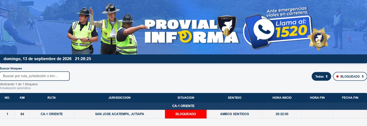 🚨 Provial reporta un bloqueo en el km 84 de la ruta CA-1 Oriente, carretera a El Salvador. #BloqueosGT #CAES