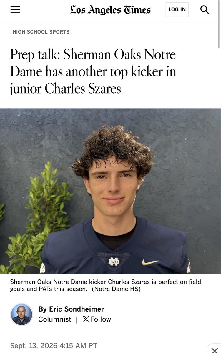 CharlieSzaras's tweet photo. Pretty cool Sunday morning. Thanks to Eric Sondheimer and the @latimes for their feature. Grateful for my teammates, coaches and everyone who continues to help me get better! Back to work 🏈 https://t.co/KYyfDopYBb