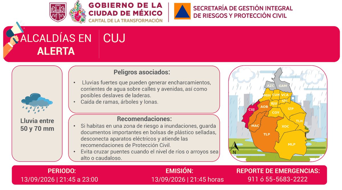 GobCDMX's tweet photo. 🔴 Se activa #AlertaRoja en la Ciudad de México por pronóstico de lluvias fuertes.

Para más información consulta las redes de @SGIRPC_CDMX. Mantente al tanto de las últimas actualizaciones, ante una emergencia recuerda que puedes llamar al #911. ☎️ https://t.co/aOdvdgGlkZ