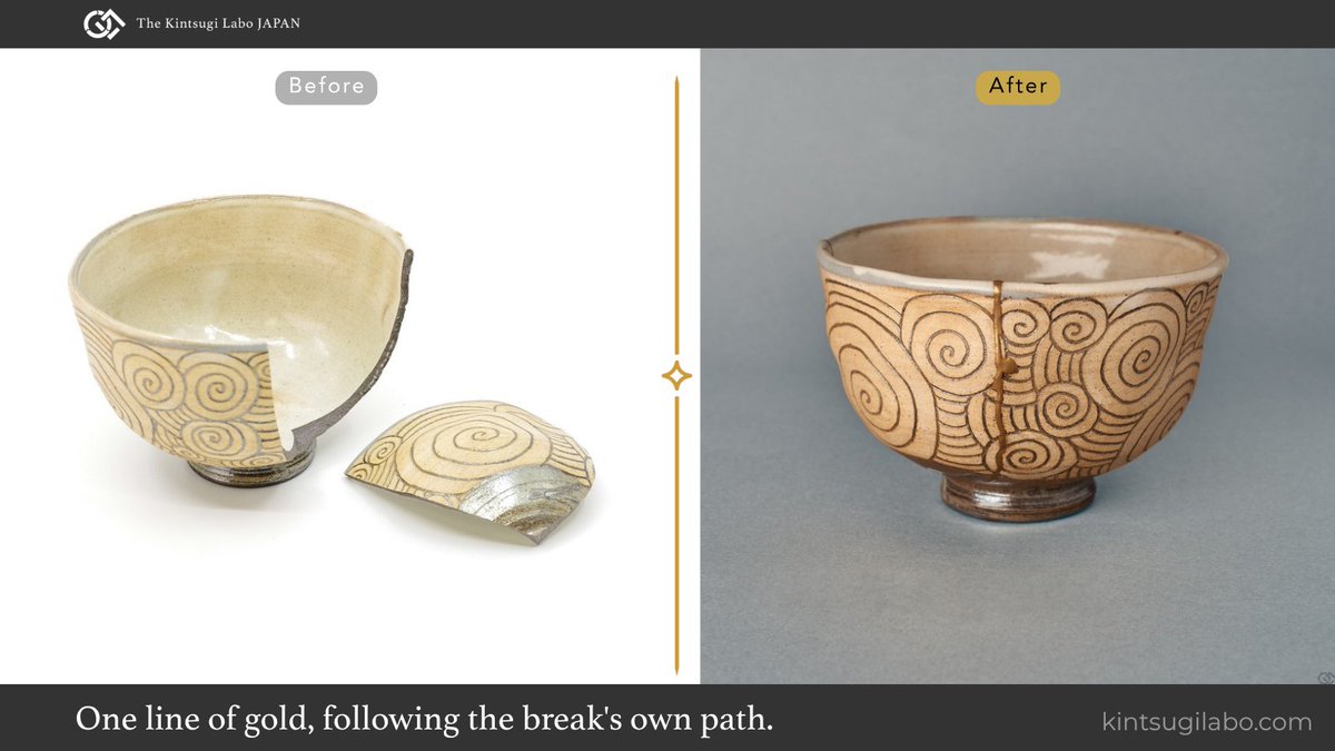 kintsugilabo's tweet photo. Gold follows where the clay remembers.
This Kyoto ware matcha bowl, hand-incised spirals restored with natural urushi and 24K gold has found its home in Texas. 🇺🇸
More one-of-a-kind kintsugi works: https://t.co/WPtHuD5xh3

#Kintsugi #Urushi #JapaneseArt #WabiSabi https://t.co/YEp2z7Sn0R