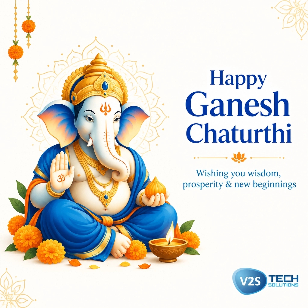 V2STech's tweet photo. May Lord Ganesha bless you with wisdom for every decision, courage for every new beginning, and the strength to overcome every obstacle. Wishing you and your family a happy and prosperous Ganesh Chaturthi. #GaneshChaturthi https://t.co/om5K9yJB8n