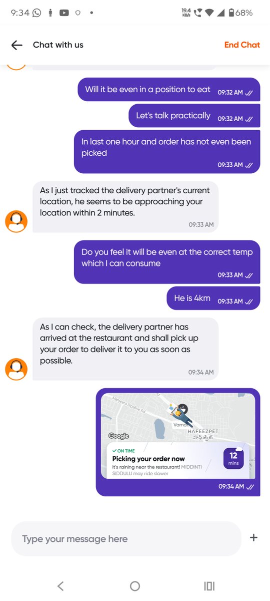 adityakumar529's tweet photo. @SwiggyCares On top of that there is reply from customer support that order will be delivered in 2km while the rider is 4km away. Which technology do they use to travel? https://t.co/ezEM8PK9U4